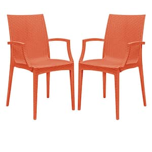 Orange Mace Modern Stackable Plastic Weave Design Indoor Outdoor Dining Chair with Arms (Set of 2)