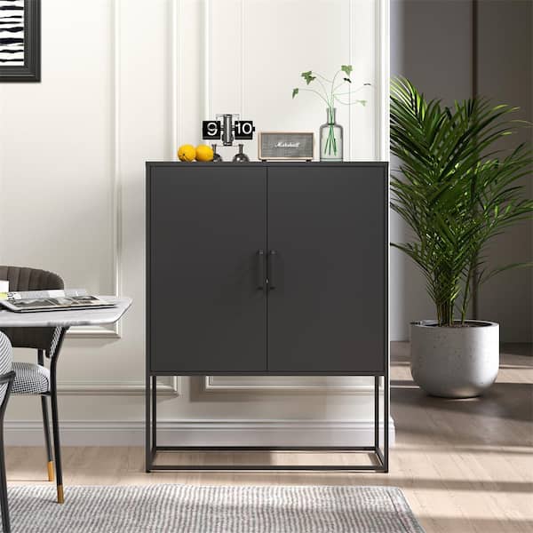 Kahomvis Black 42.9 in. H 2-Magnetic Door Accent Storage Cabinet with 2-Shelves and Anti-Tipping Device