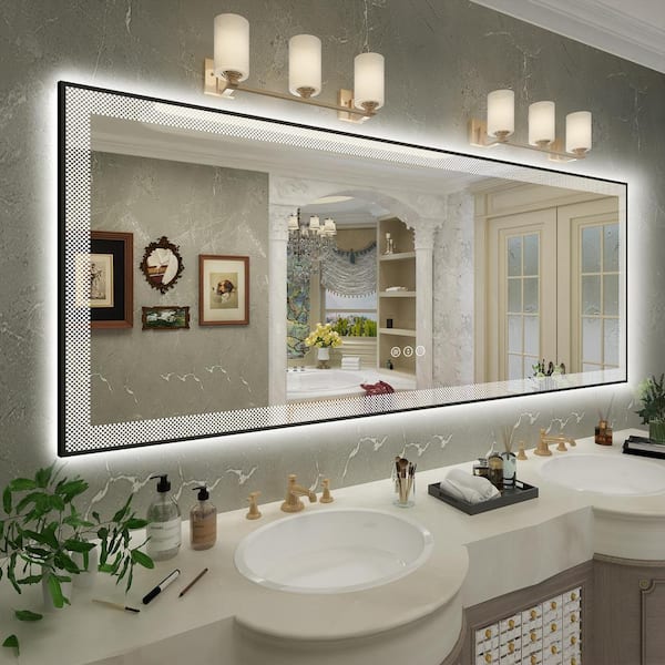 Apmir 84 in. W x 32 in. H Rectangular Framed Checkerboard LED Lighted Anti-Fog Tempered Glass Wall Bathroom Vanity Mirror
