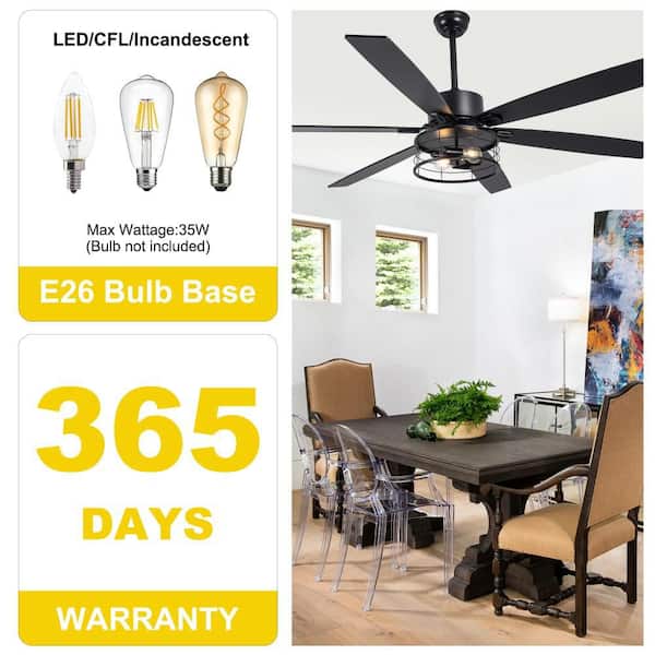 Cervera 65 in. Indoor Matte Black Modern Industrial Large Ceiling Fan with Lights, 6-Speed Quiet Ceiling Fan w/ Remote