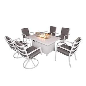 Patio Dining Set 7-Piece Aluminum Outdoor Dining Set with Gray Cushion and White Fire Pit Table - 2 Armchairplus4 Swivel
