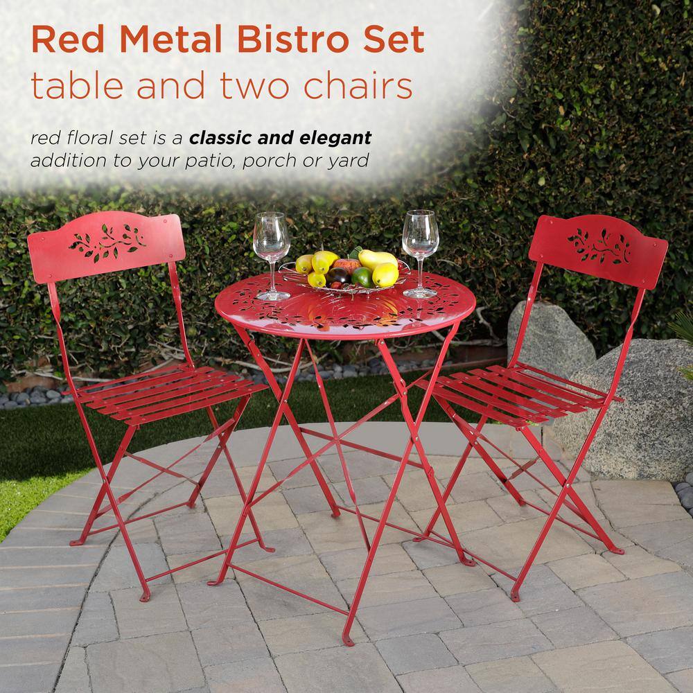 Red Elegance 3-Piece Metal Bistro Set with Intricate Leaf Design