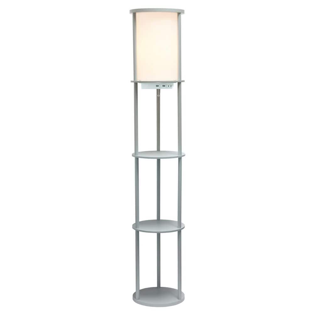 62.5" Gray Modern Shelf Etagere Floor Lamp with USB Ports