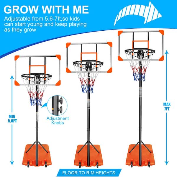 BTMWAY - Indoor & Outdoor Portable Mini Basketball Hoop and Goal System with Base & Wheels, 5.6-7 ft. Height Adjustable - Orange