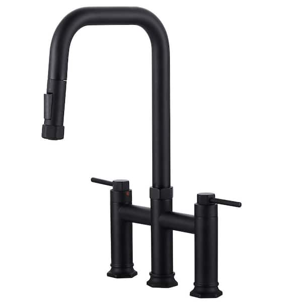 3-Hole Double-Handle Solid Brass Bridge Kitchen Faucet with Pull-Down Sprayer and Supply Lines in Brushed Nickel