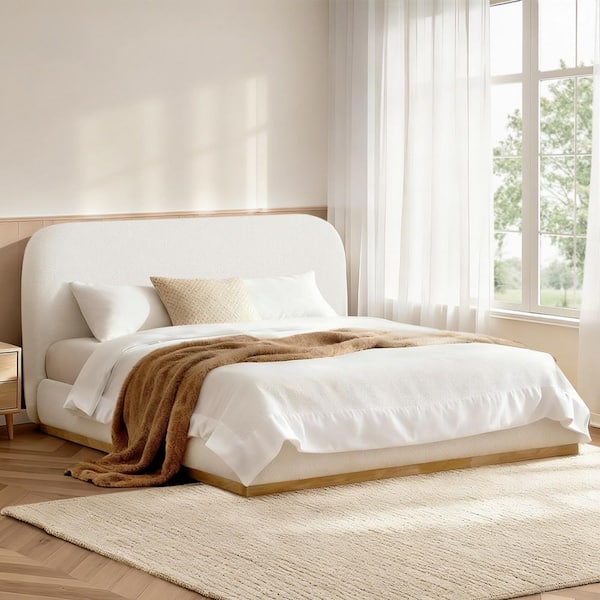 Emery Natural Beige Solid Wood Frame Queen Platform Bed with Boucle Upholstered Headboard
