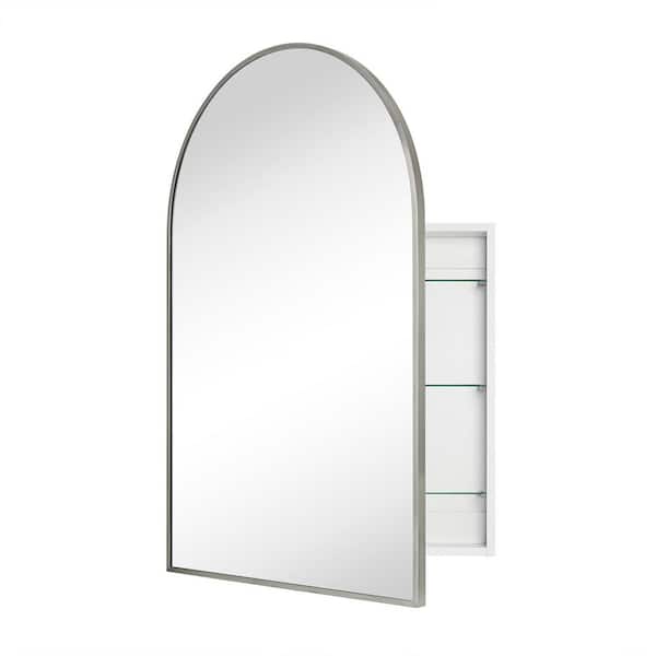 20 in. W x 30 in. H Arched Metal Framed Recessed and Surface Medicine Cabinet with Mirror in Brushed Nickel