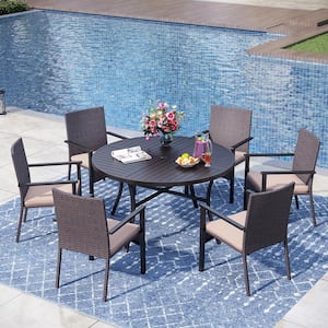 Black 7-Piece Metal Round Patio Outdoor Dining Set with Rattan Chair with Beige Cushions