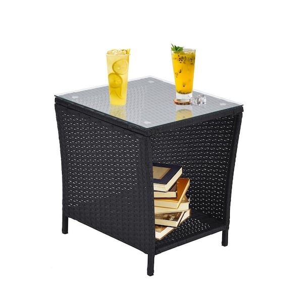 FIROMO All Weather PE Rattan and Steel Frame Outdoor Side Coffee Table with Storage Shelves, Square Patio Furniture, Black