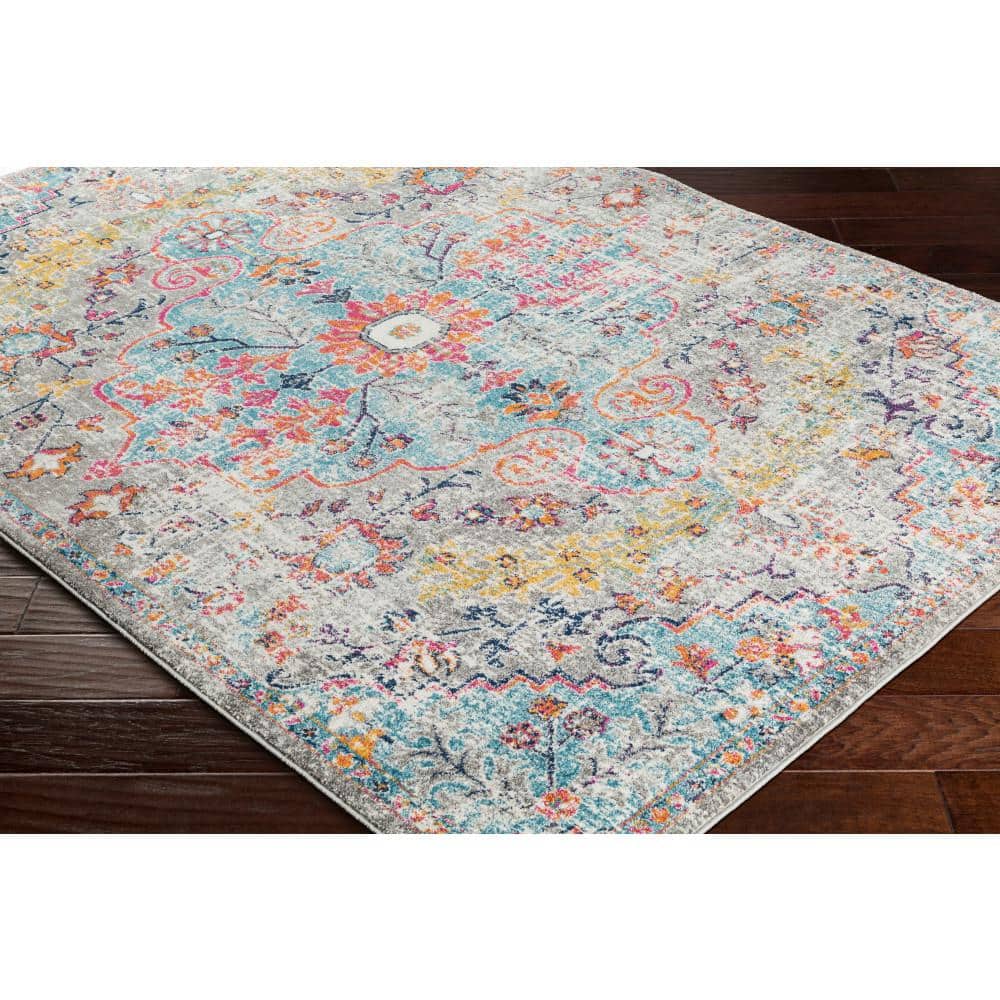 Gray and Aqua Oriental Synthetic Area Rug, 3'11" x 5'7"
