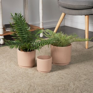 7 in., 6 in. and 4 in. Small Pink Ceramic Geometric Planter with Layered Square Shaped Grooves (3-Pack)