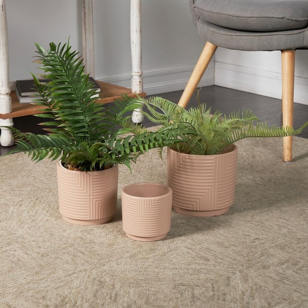Litton Lane 7 in., 6 in. and 4 in. Small Pink Ceramic Geometric Planter with Layered Square Shaped Grooves (3-Pack)