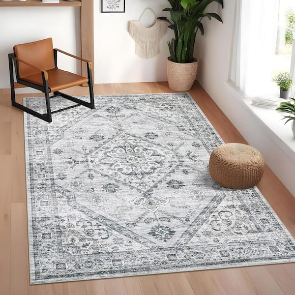 Vintage Light Gray 9 ft. x 12 ft. Distressed Floral Carpet Non-slip Thin Carpet Living Room Farmhouse Printed Area Rug