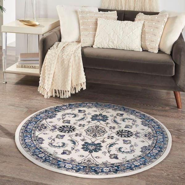 Essentials Ivory Blue 4 ft. x 4 ft. Center medallion Traditional Round Area Rug
