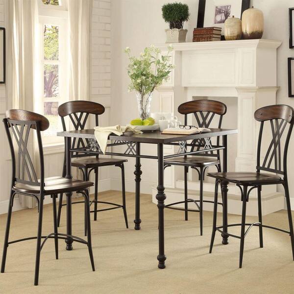 HomeSullivan Carson Rustic Metal + Wood 5-Piece Counter Height Dining Set in Brown