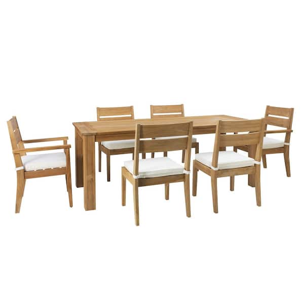 Callahan Natural Brown 7-Piece Teak Wood Rectangle table Outdoor Dining Set with Antique White Polyester Cushions