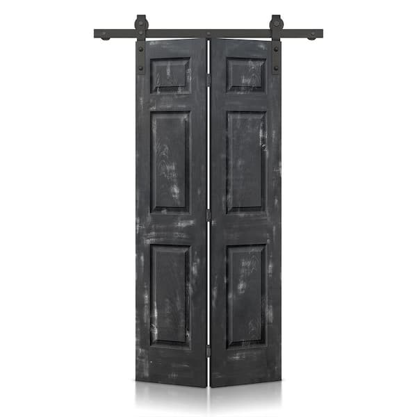 CALHOME 24 in. x 80 in. Vintage Black Stain 6 Panel MDF Composite Hollow Core Bi-Fold Barn Door with Sliding Hardware Kit
