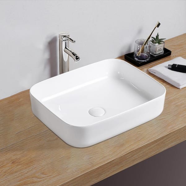 19.68 in. Ceramic Rectangle Vessel Sink Top Mount Bathroom Sink Basin in White
