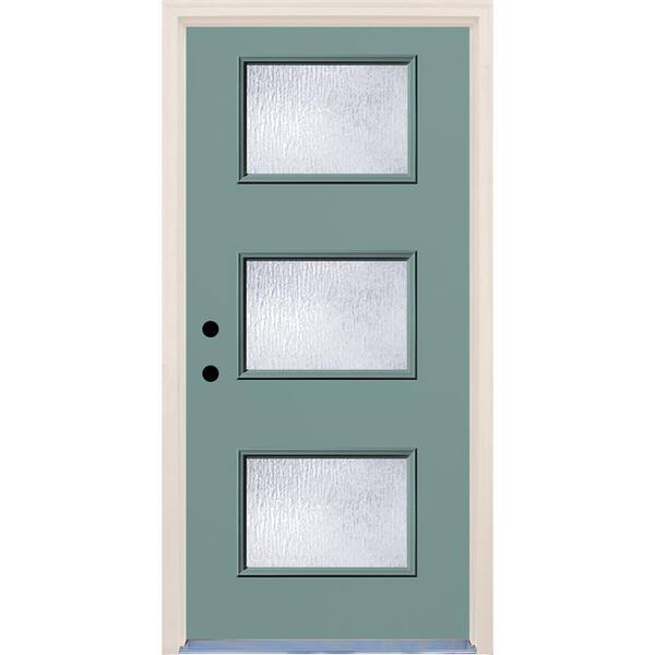 Builders Choice 36 in. x 80 in. Surf Right-Hand 3 Lite Rain Glass Painted Fiberglass Prehung Front Door with Brickmould