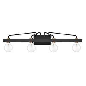 Ravella 33.25 in. 4-Light Black Industrial Vanity with Old Satin Brass Accents