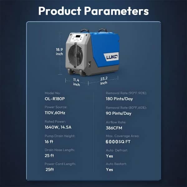 180 pt. 6,000 sq.ft. Bucketless Commercial Dehumidifier in Blue with Pump, Automatic Defrost for Commercial Places