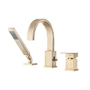 Single-Handle Deck Mounted Roman Tub Faucet with Handheld Sprayer in Brushed Gold 3-Hole Waterfall Bathtub Filler Faucet