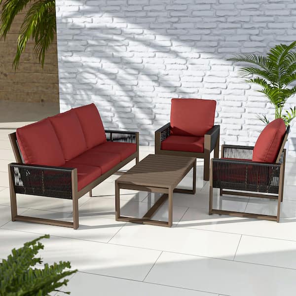 EAGLE PEAK 4-Piece Cedar Wood Wicker Outdoor Patio Conversation Set with Red Cushions, 3-Seat Sofa, Rectangular Coffee Table
