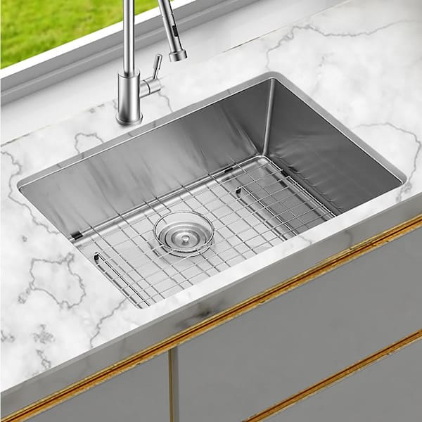 27 in. Undermount Single Bowl 16-Gauge Brushed Nickel Stainless Steel Kitchen Sink with Bottom Grids