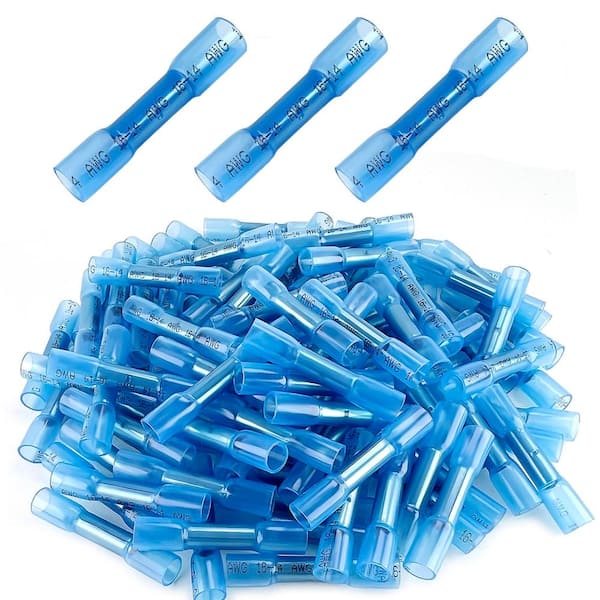 Heat Shrink Butt Wire Connectors 100-Pack 16-14 AWG Blue Insulated Waterproof Electrical Crimp Splice