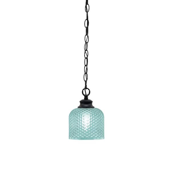 Unbranded Tyler 60-Watt 1-Light Matte Black Chain Mini Pendant Light with Turquoise Textured Glass Shade