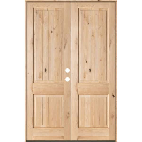 64 in. x 80 in. Rustic Knotty Alder Square Top Unfinished /V-Groove Left-Hand Inswing Wood Double Prehung Front Door
