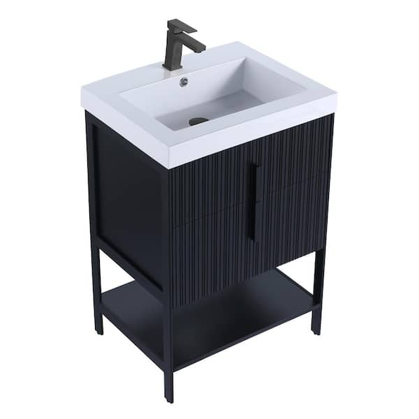 FINE FIXTURES 24 in. W x 18 in. D x 33.5 in. H Bath Vanity in Black Matte with Gel Coated Acrylic Top in White With Black Hardware