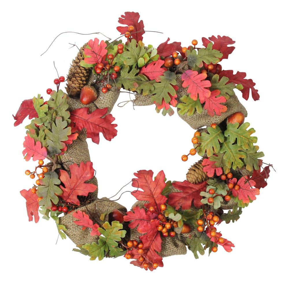 Large Natural Burlap Leaf Shaped Garland with Large Foam Acorns Throughout
