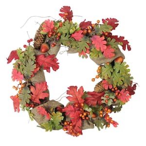 18 in. Artificial Unlit Autumn Harvest Acorn Berry and Burlap Rustic Thanksgiving Wreath