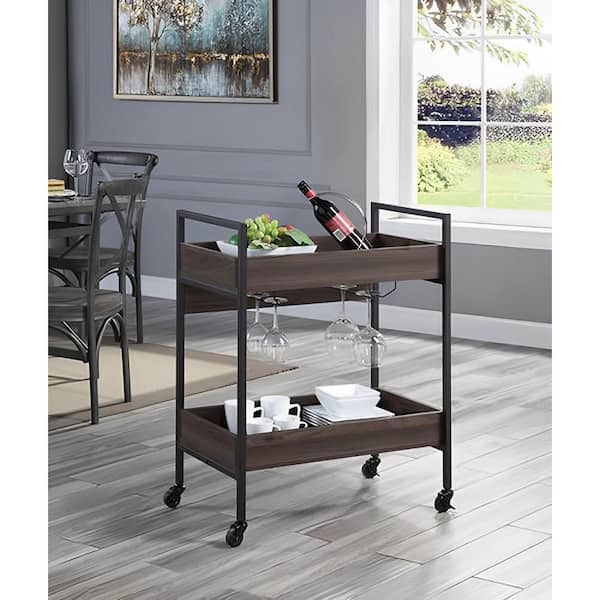 Tileon 2-Tier Walnut Wood Kitchen Cart with Metal Frame and Cup Rack