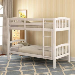 White Twin over Twin Wood Bunk Bed with Ladder, Divided into 2 Separate Beds