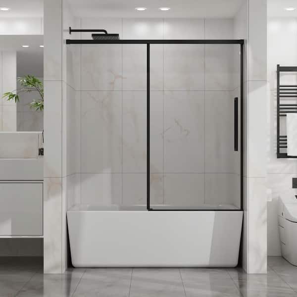 60 in. W x 58 in. H Semi Frameless Sliding Tub Door in Matte Black with 1/4 in. SGCC Clear Tempered Glass