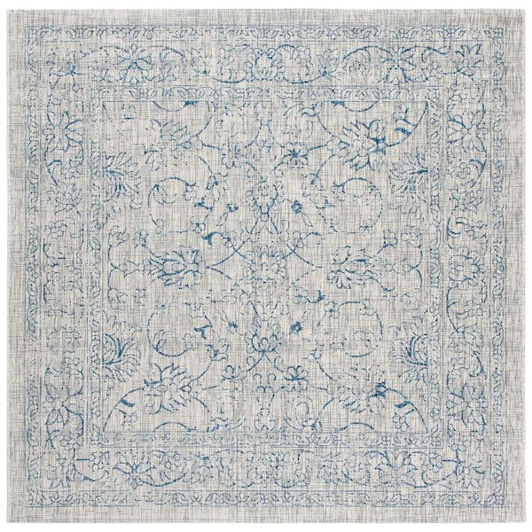SAFAVIEH Courtyard Gray/Navy 4 ft. x 4 ft. Border Floral Scroll Indoor/Outdoor Patio  Square Area Rug