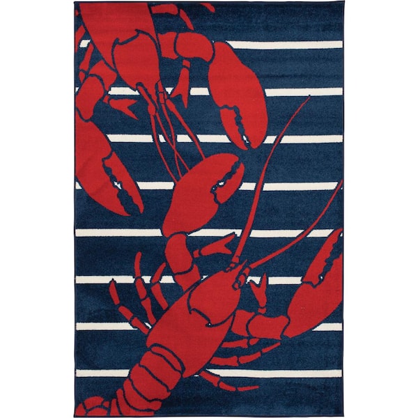 Natco Patio Brights Sapphire/Snow 6 ft. x 9 ft. Lively Lobsters Polypropylene Indoor/Outdoor Area Rug