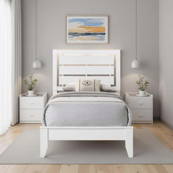 Eve White Wood Frame Twin Size Panel Bed with Headboard
