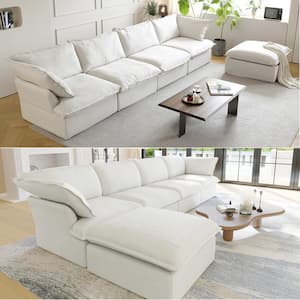 163 in. L-shaped Overstuffed Down Filled Comfort Linen Flannel 5-Seat Modular Sectional Sofa with Ottoman, White