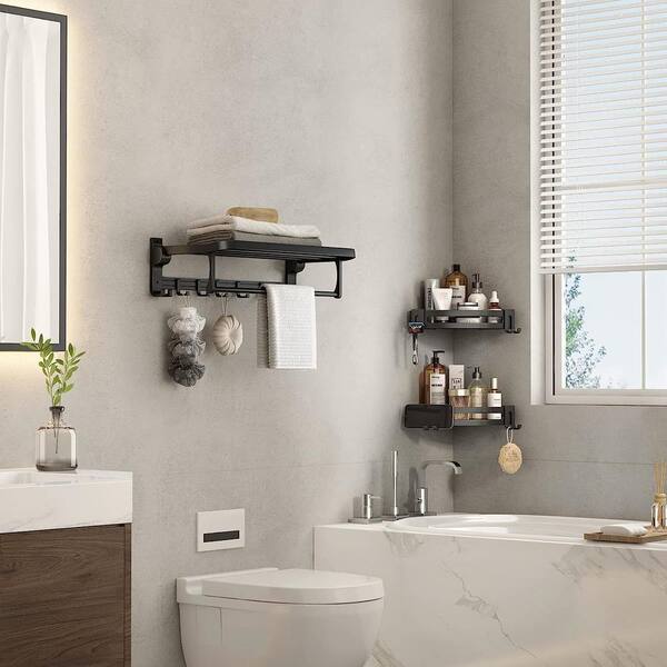 Aoibox 2-Pcs 9.8 in. W x 2 in. H x 12.6 in. D Aluminum Triangle Bath Shower Shelf in Matte Black with Hooks