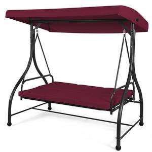 3-Person Steel Metal Outdoor Patio Swing Canopy Hammock with Wine Cushions