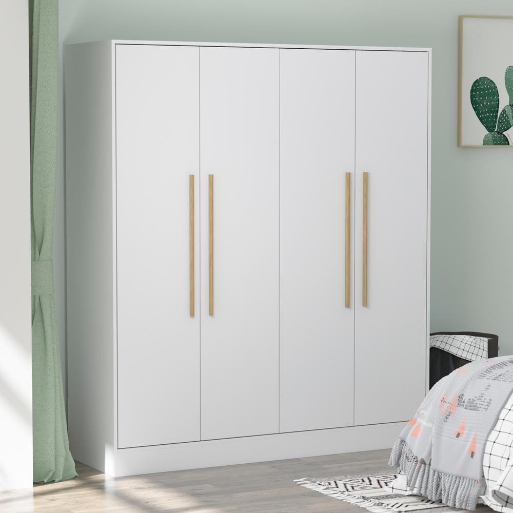 White 4-Door Wardrobe Armoire with Natural Wood Handles