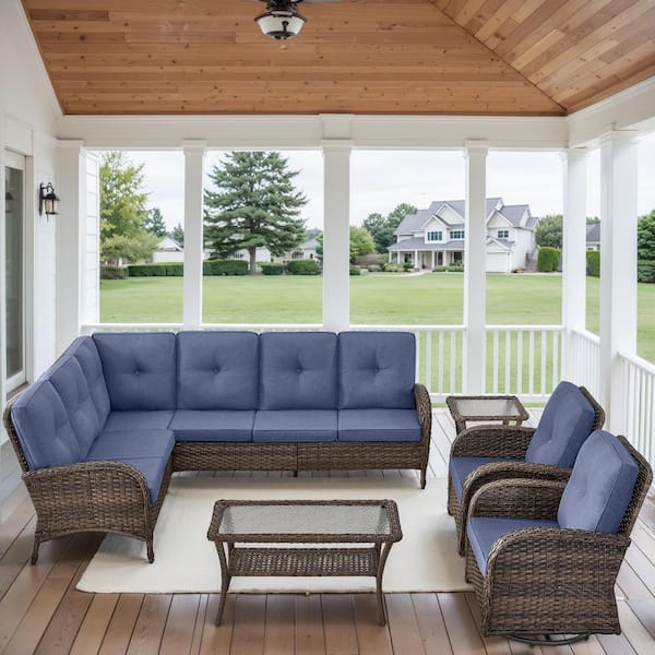 Carlos 6-Piece Brown Wicker Outdoor Swivel Chair Patio Conversation Set with Blue Cushions and Coffee Table