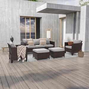 5-Piece Outdoor Patio Conversation Set Widened Back and Arm Brown Rattan 3-Seat Sofa 2 Ottomans, Linen Grey