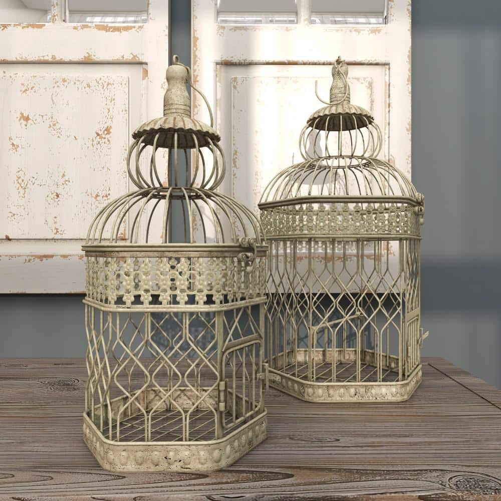 Cream Metal Birdcage Set with Floral Embossed Design, 21" and 18"