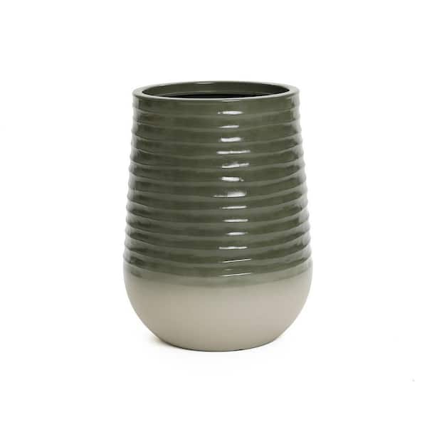 15.35 in W x 20.08 in. H Emerald Ribbed Top with Ivory Bottom 20 in. Tall Resin Round Planter
