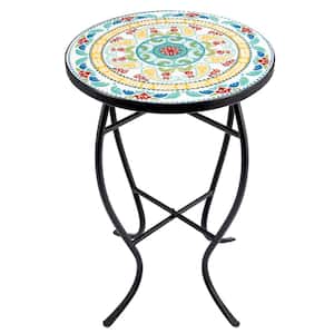 Black Metal Mosaic Top Outdoor Side Table with Curved Legs, Flora Pattern