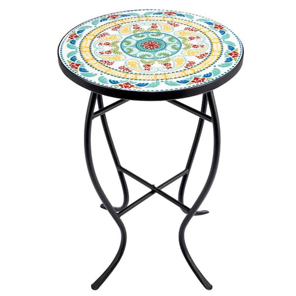 Merra Black Metal Mosaic Top Outdoor Side Table with Curved Legs, Flora Pattern